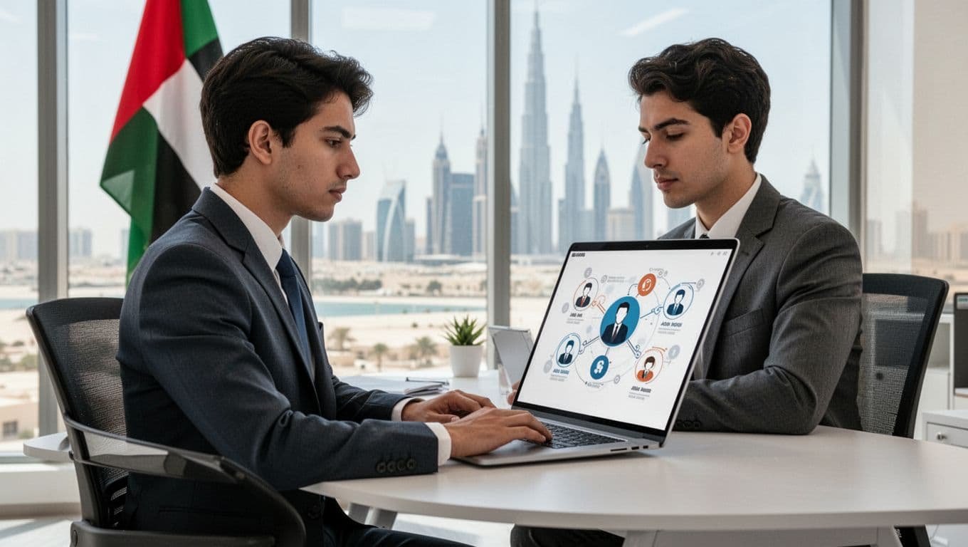 A young professional in business attire sits at a modern desk in a bright office, reviewing job listings on a laptop with UAE flag and Abu Dhabi skyline in the background.