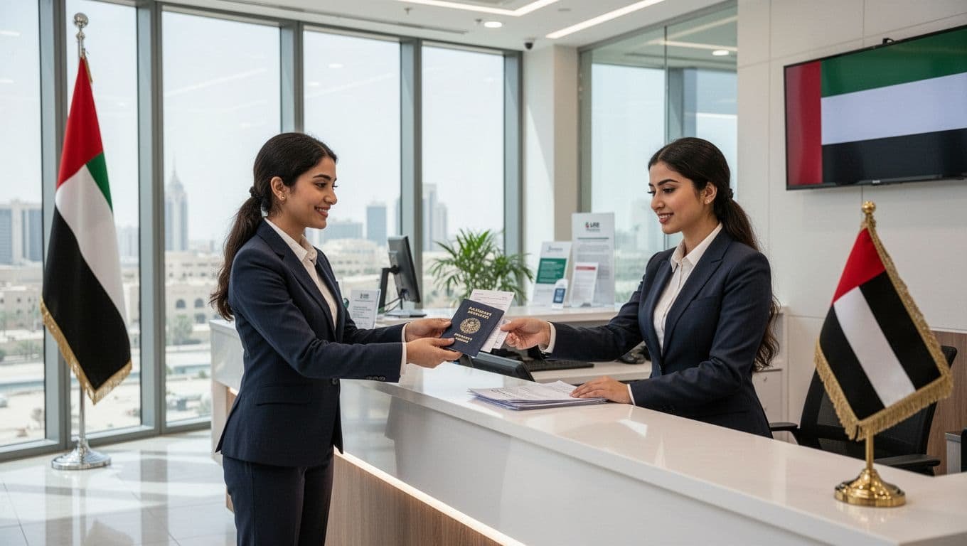 Professional new employee in business attire hands passport and documents to bank teller at modern UAE bank branch counter, with UAE flag and natural daylight.