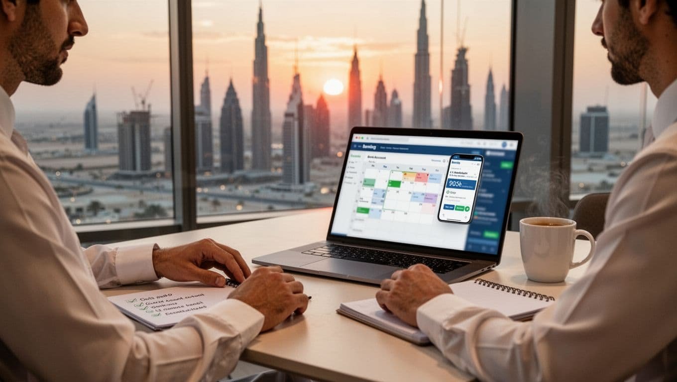 An expatriate new employee relaxes in a modern UAE apartment, checking bank account setup timeline on smartphone calendar app, with laptop, notepad checklist, coffee mug, and Dubai skyline sunset view through window.