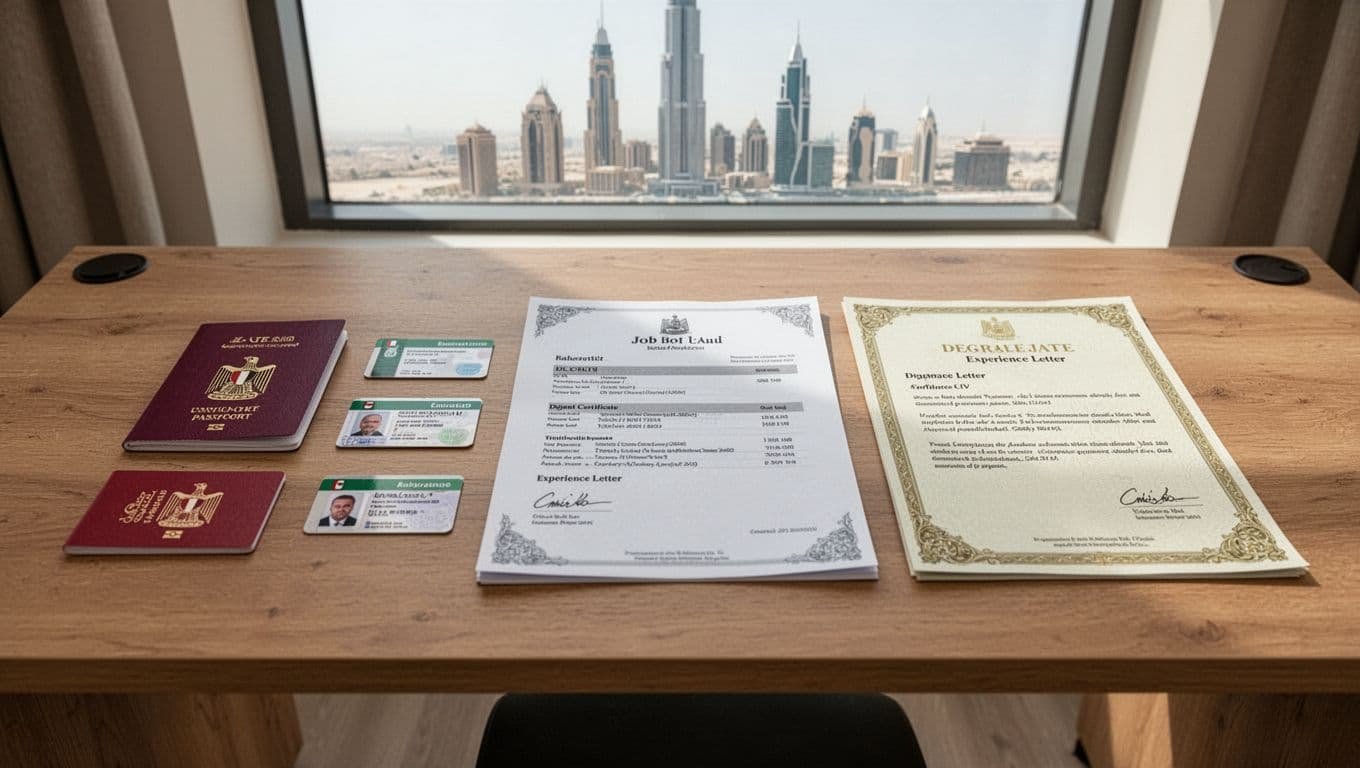 Clean wooden desk in home office with neatly organized UAE job documents including passport, Emirates ID, CV, degree certificate, and experience letter under soft natural light, UAE skyline in background, realistic high-resolution photography.