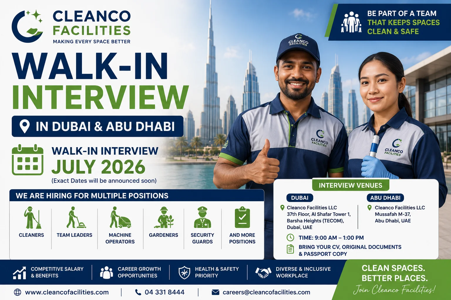 Cleanco Facilities Walk-in Interview in Dubai & Abu Dhabi