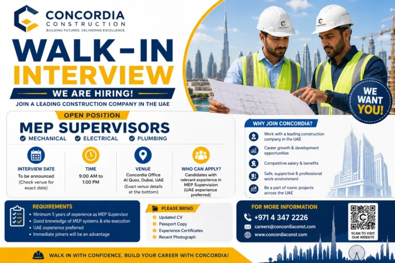 Concordia Walk-in Interview in Dubai for MEP Supervisors