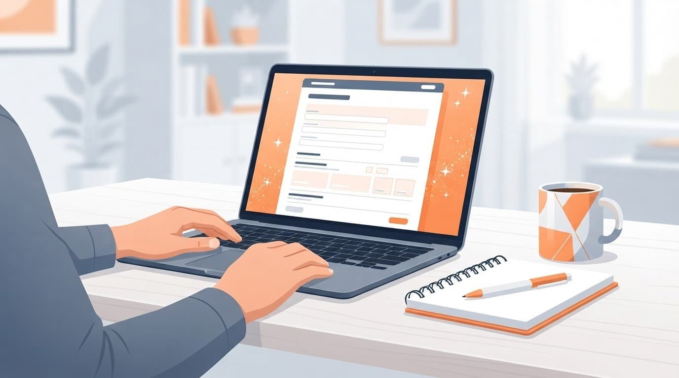 Hands rest near a laptop showing a career application form, with a notebook and coffee nearby.