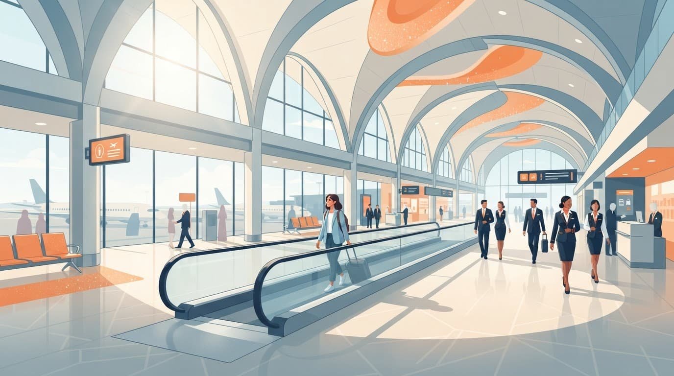 A uniformed staff member walks through a bright modern Dubai airport terminal.