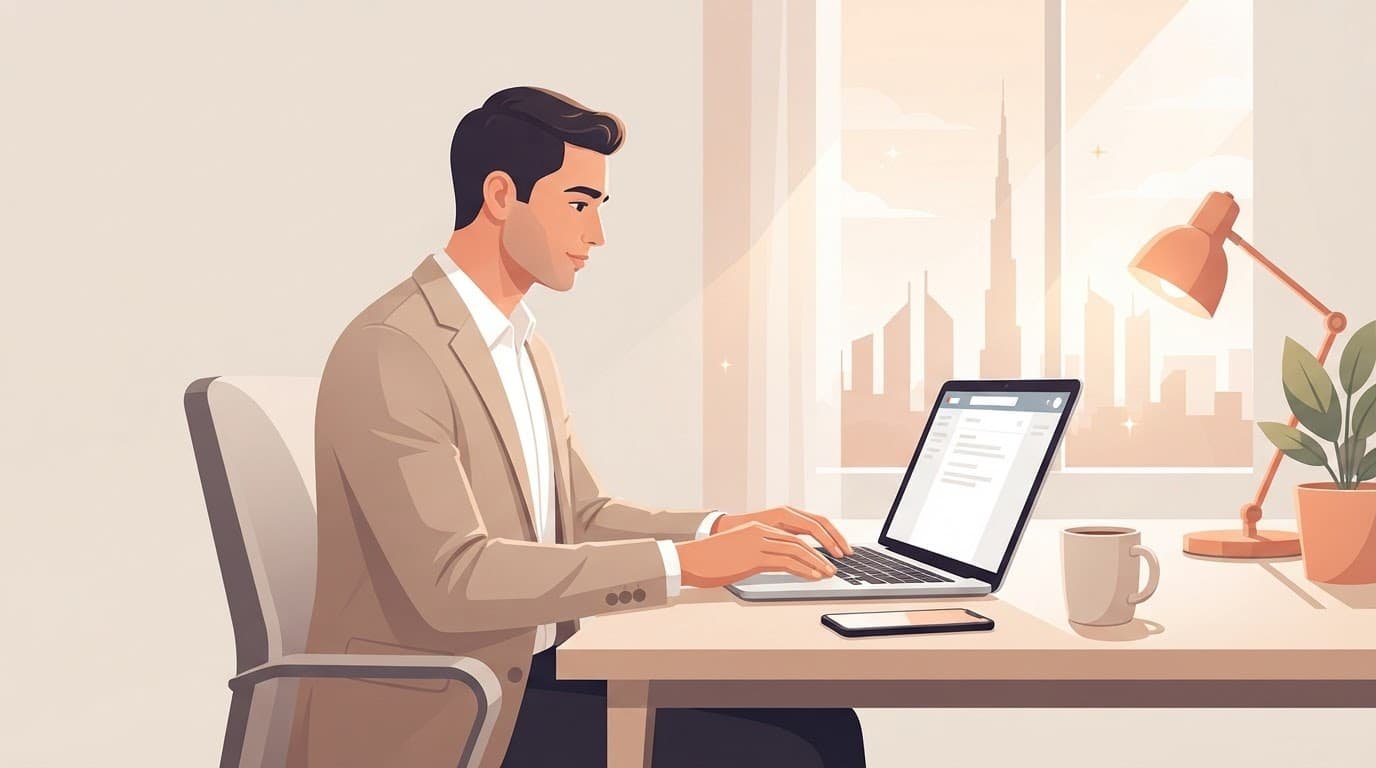 A UAE professional reviews a follow-up email beside a phone.