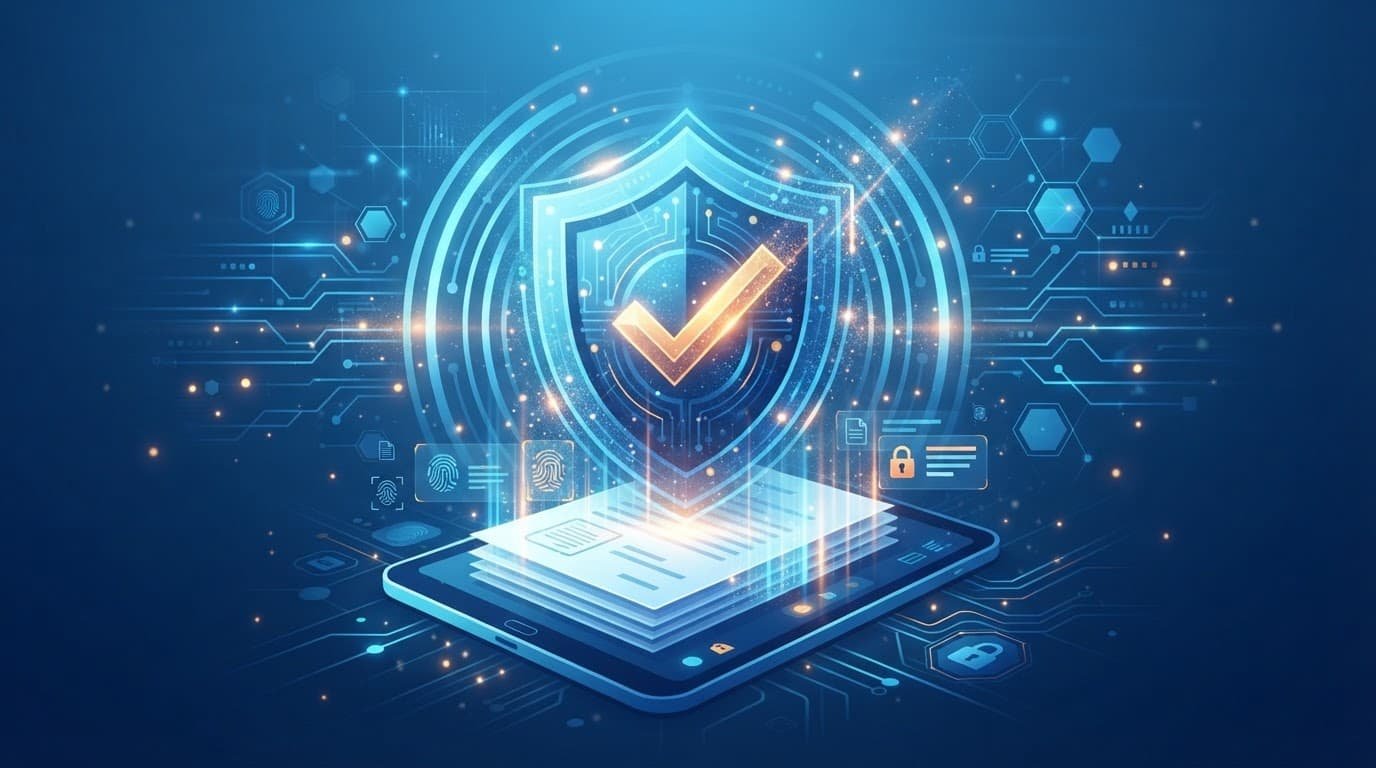 Blue security shield with an amber checkmark beside a verified document.