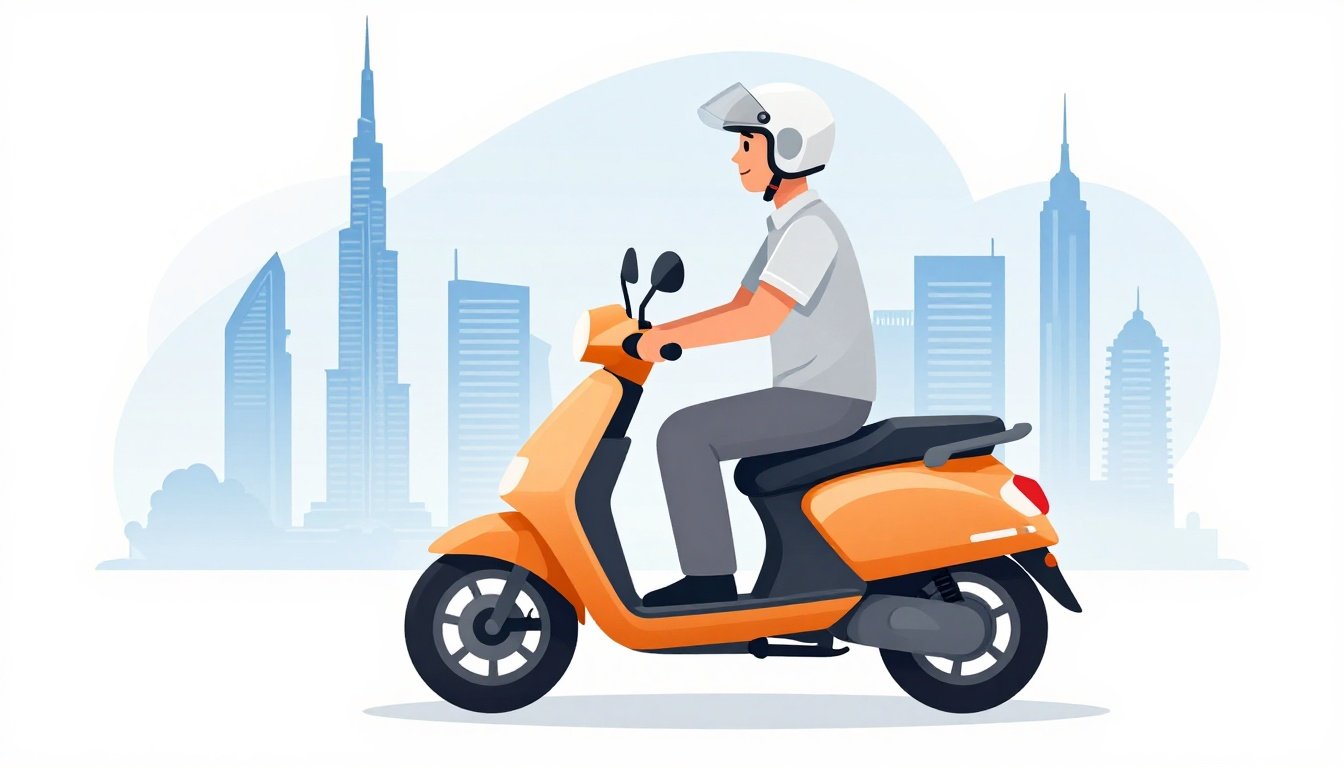 Smiling delivery rider beside a motorcycle with the Dubai skyline behind him.