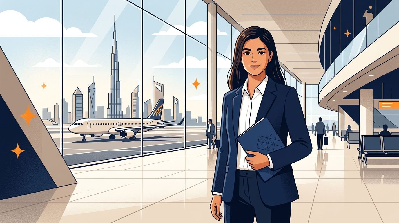 A young professional holds a CV folder inside a bright airport terminal.