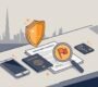 A phone, passport, contract, and card beside a warning symbol with Dubai’s skyline.
