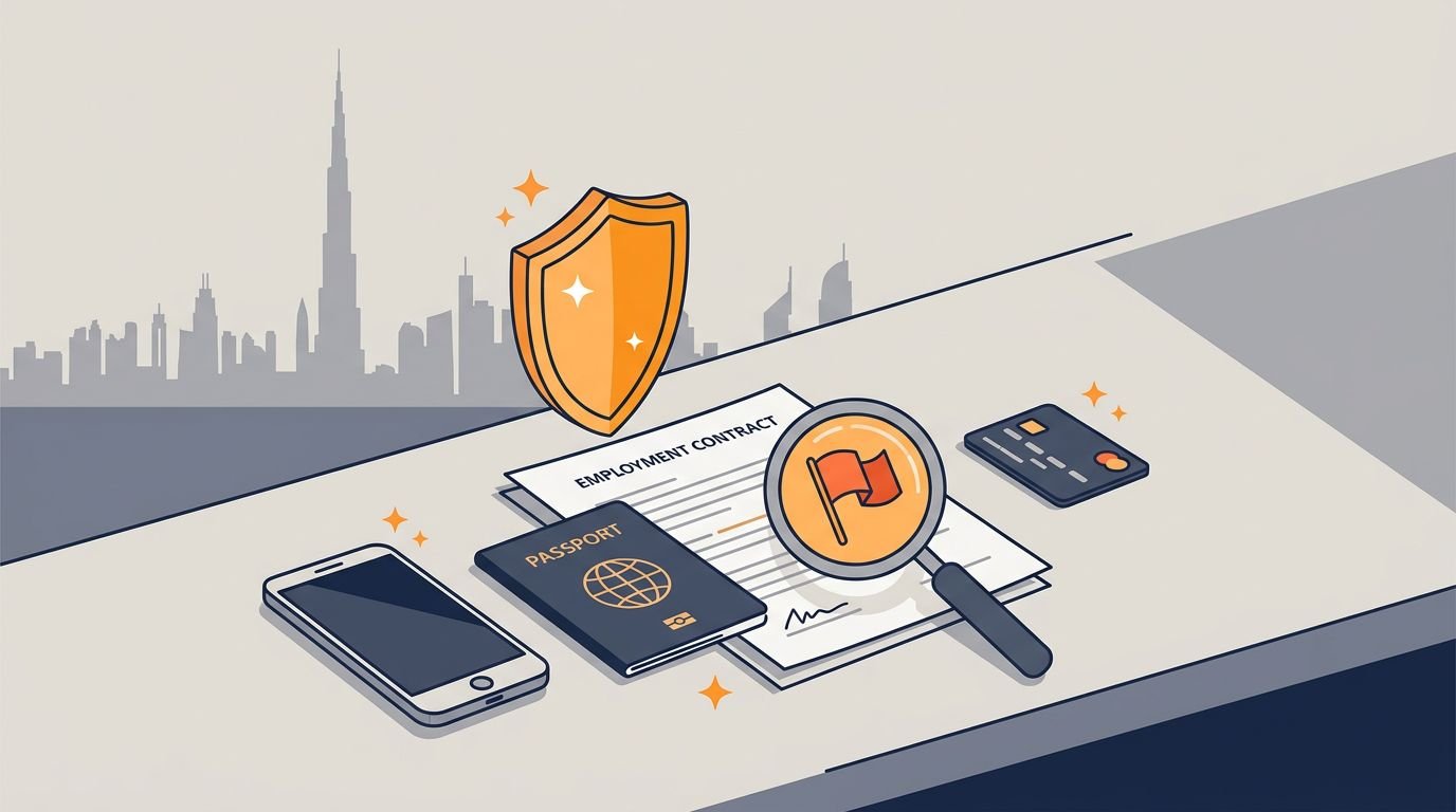 A phone, passport, contract, and card beside a warning symbol with Dubai’s skyline.