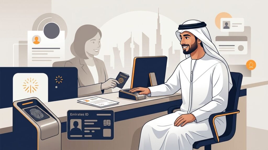 A new employee presents a passport beside a fingerprint scanner at a UAE service desk.