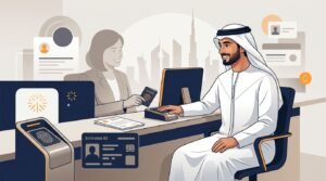 A new employee presents a passport beside a fingerprint scanner at a UAE service desk.