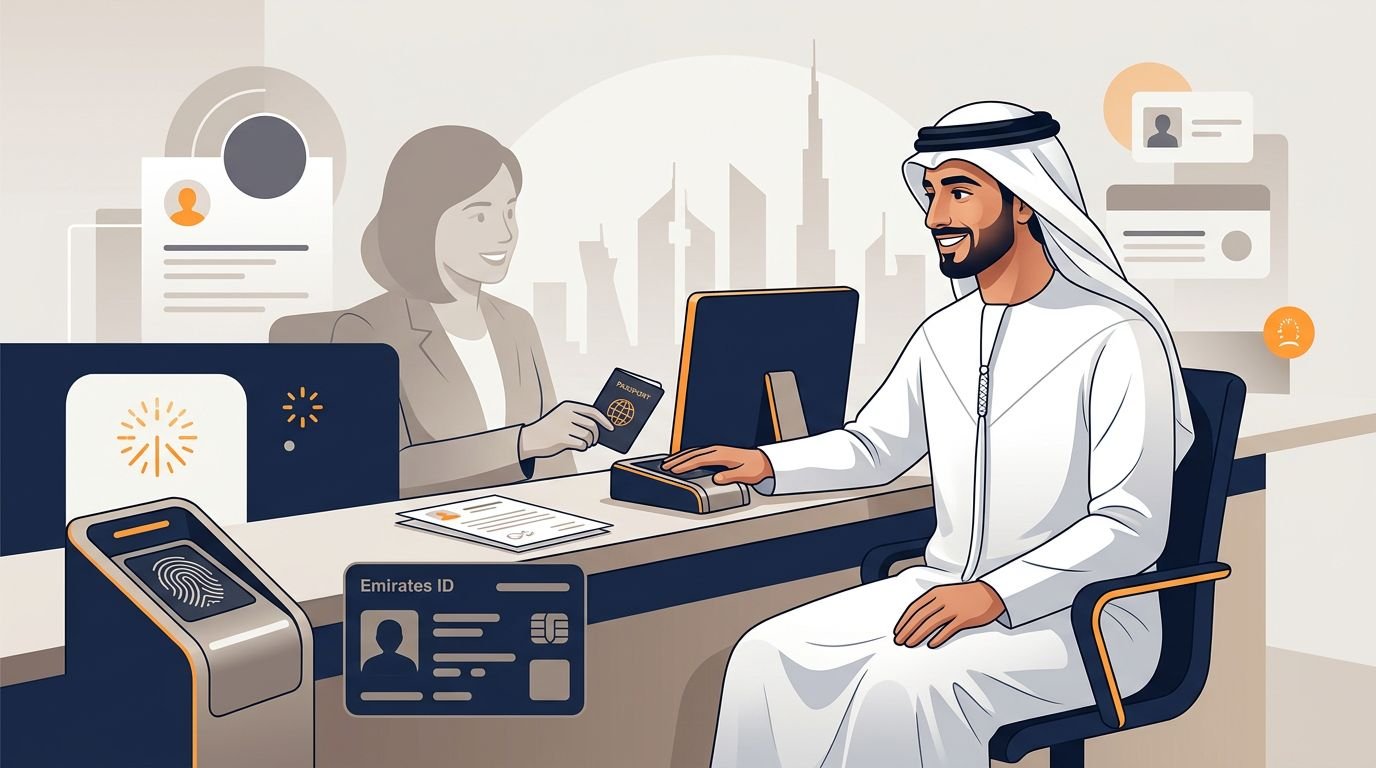 A new employee presents a passport beside a fingerprint scanner at a UAE service desk.