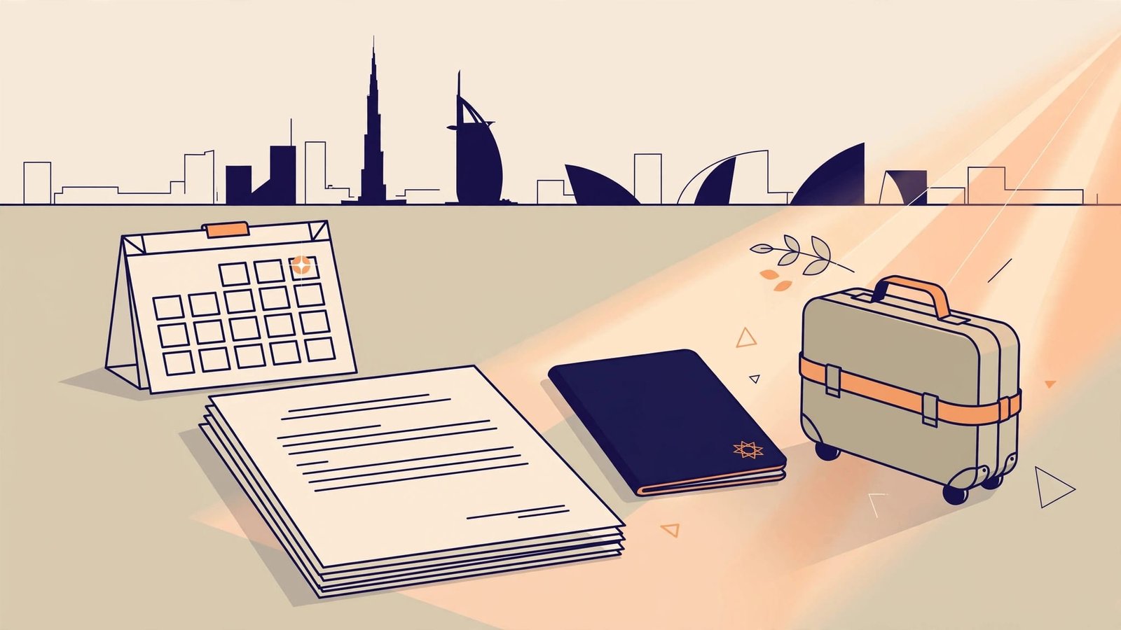 Desk with a calendar, passport, suitcase, contract, and UAE skyline silhouette.
