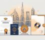 Diploma, passport, embassy seal, and folder arranged on a desk before a UAE skyline.