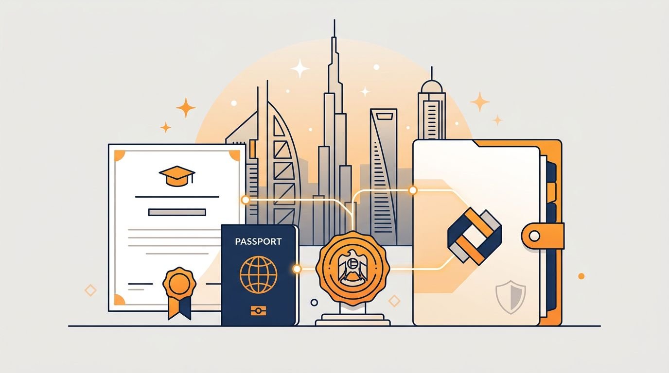 Diploma, passport, embassy seal, and folder arranged on a desk before a UAE skyline.