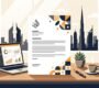 A cover letter beside a laptop and fountain pen, with the UAE skyline beyond the window.