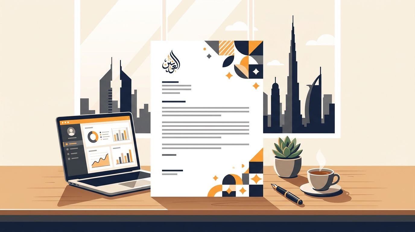 A cover letter beside a laptop and fountain pen, with the UAE skyline beyond the window.