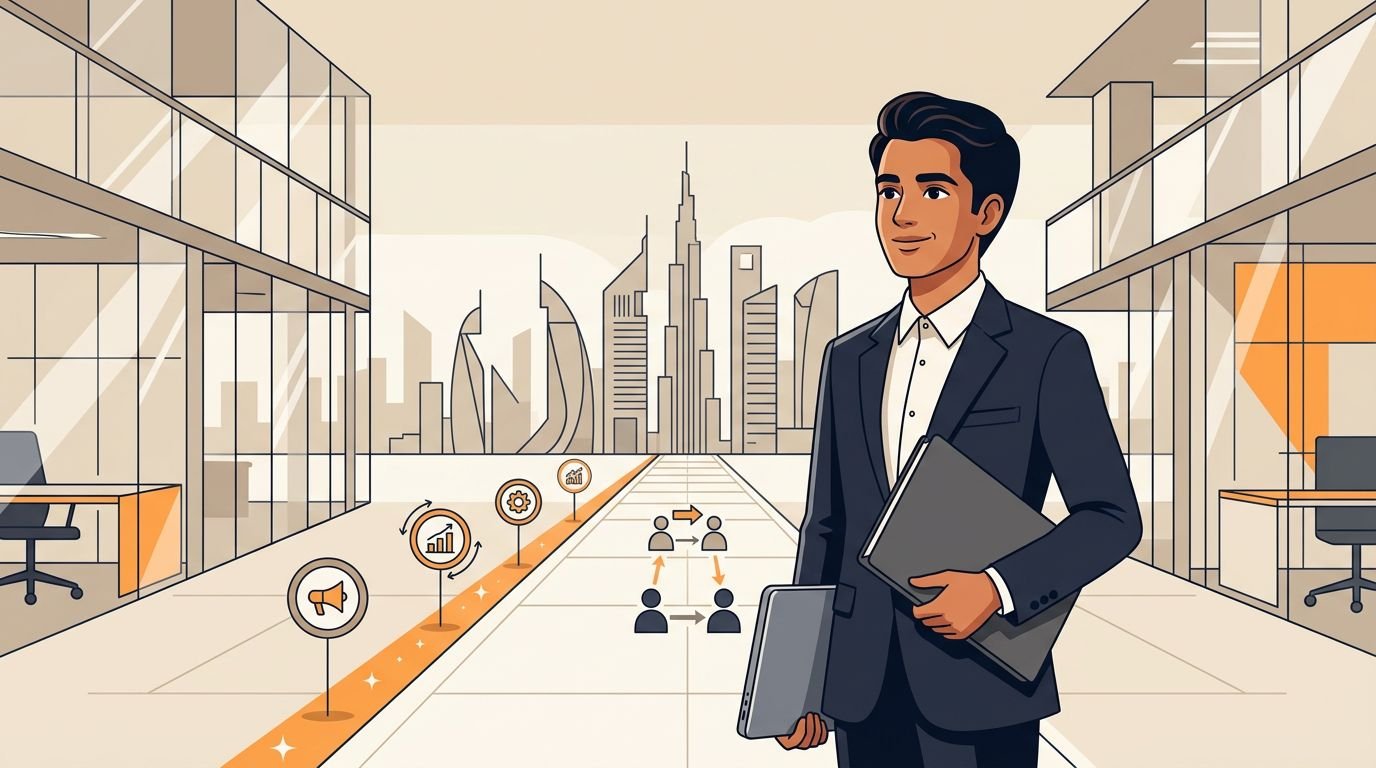 UAE graduate holding a laptop and folder beside career milestones in a modern office.