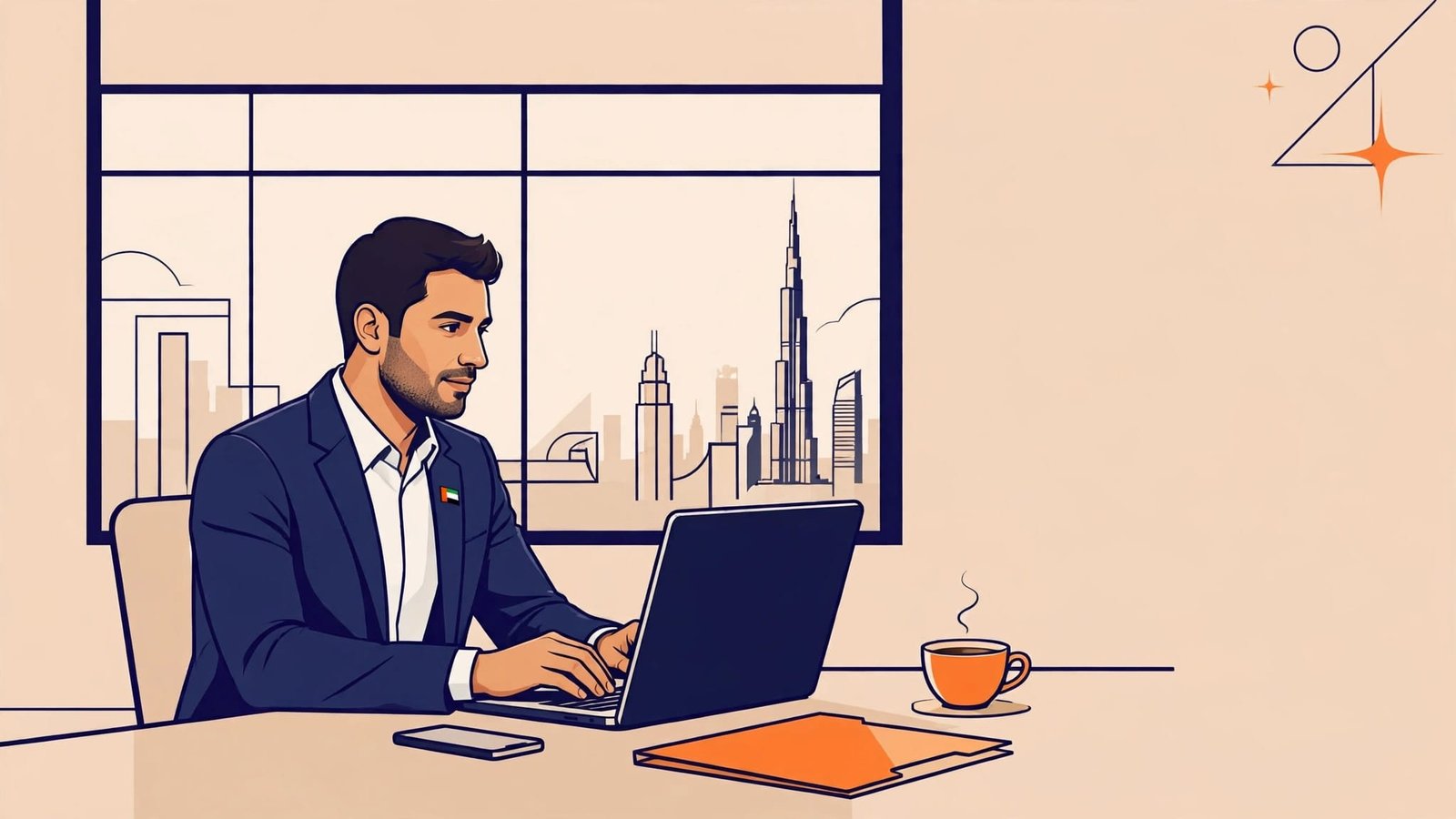 UAE professional writing a follow-up email beside interview materials and coffee.