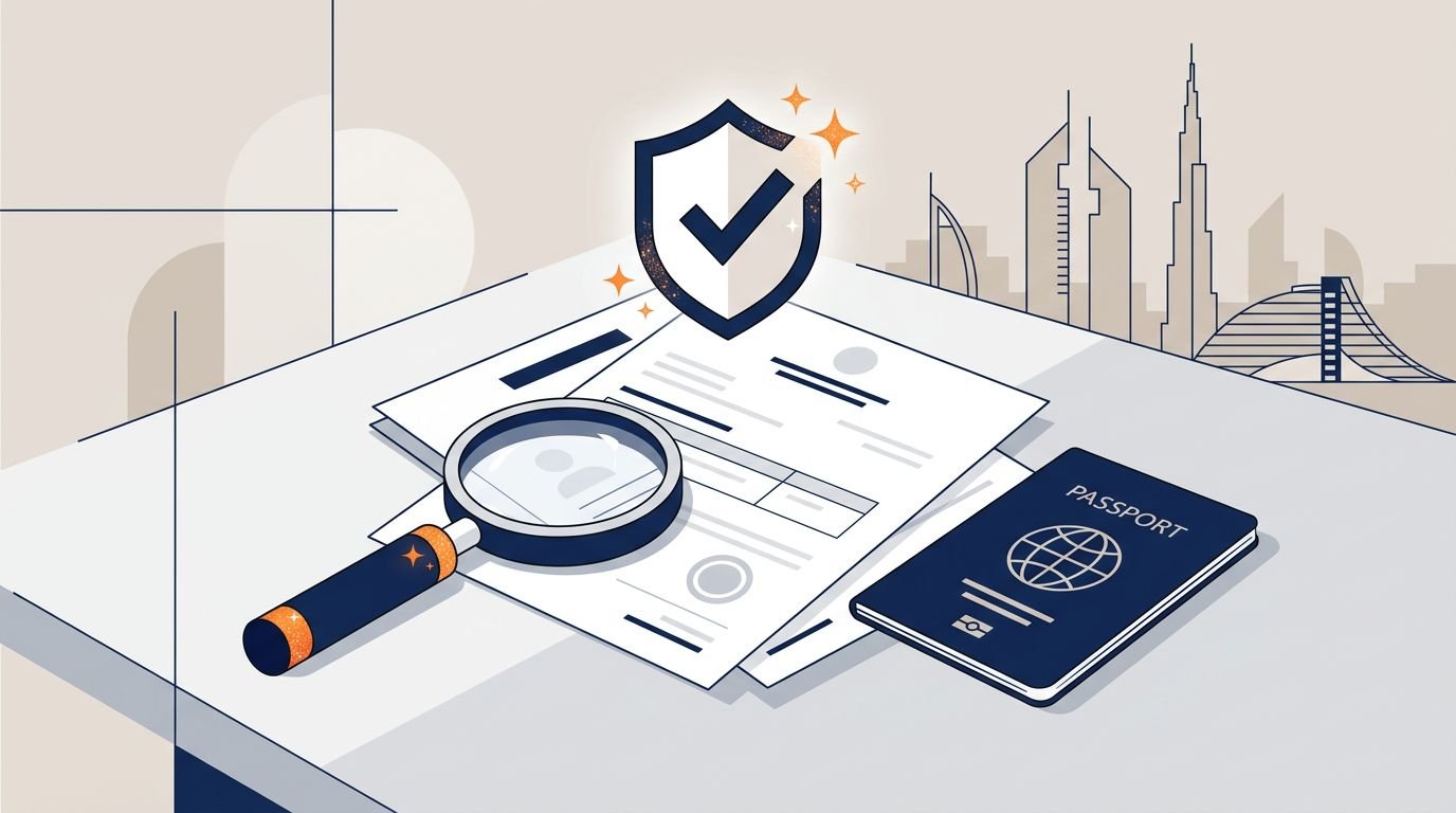 A UAE job document, passport, magnifying glass, and shield symbol on a clean desk.