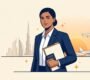 A professional holding a passport and folder in front of a UAE-inspired city skyline.