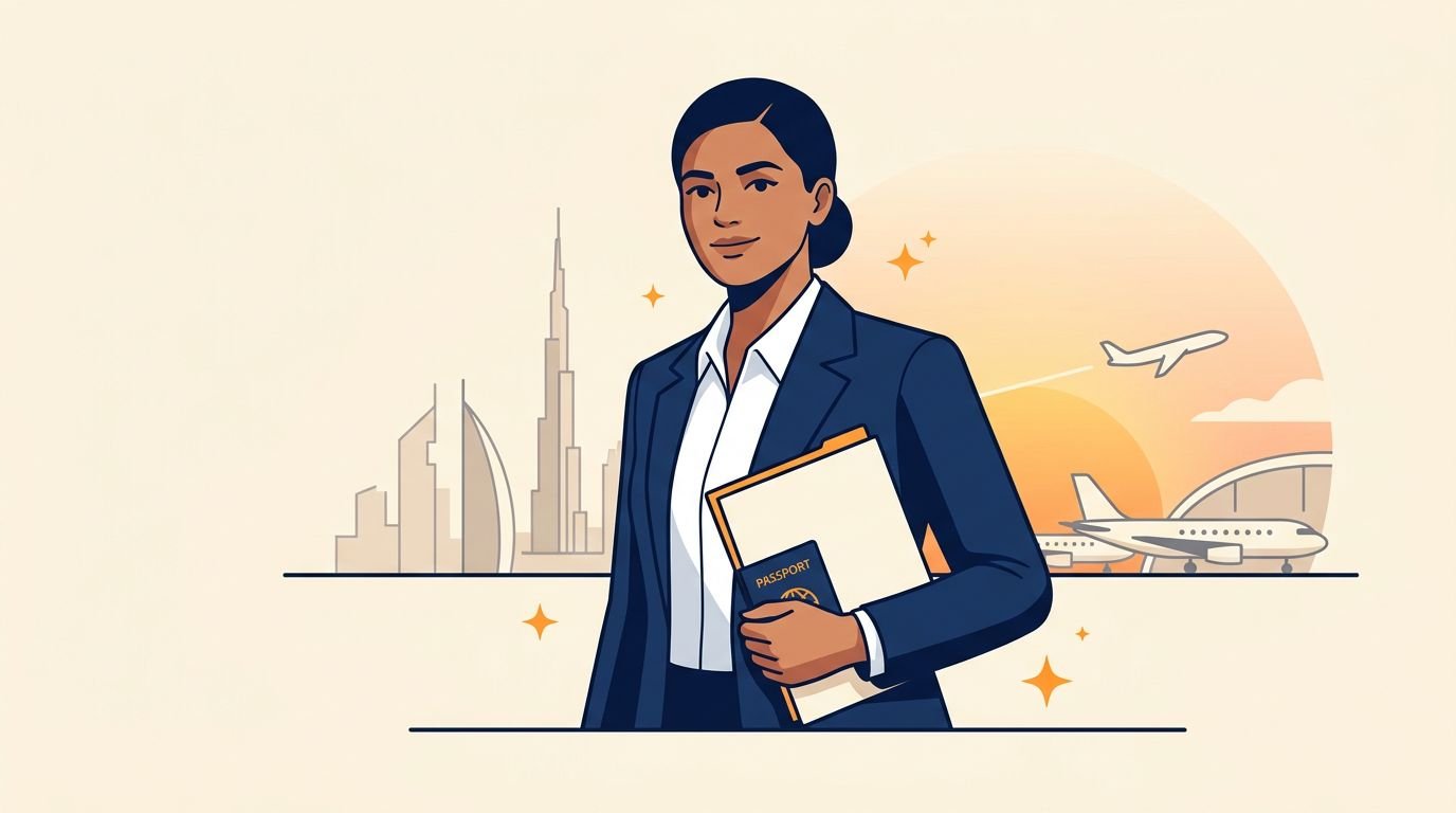 A professional holding a passport and folder in front of a UAE-inspired city skyline.