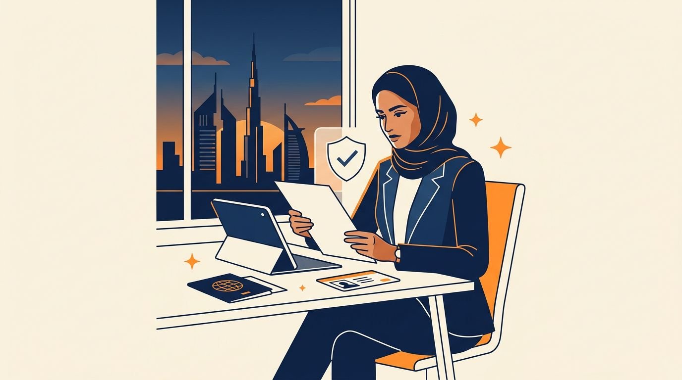 UAE professional reviewing a part-time work permit with documents and a laptop.