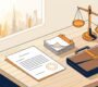 Desk with an employment contract, calendar, briefcase, legal scales, and Dubai skyline.