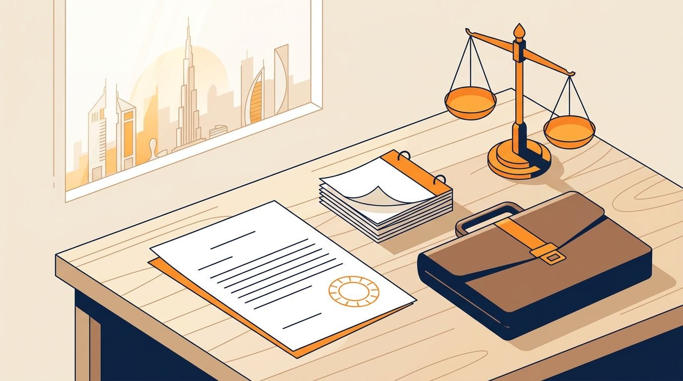 Desk with an employment contract, calendar, briefcase, legal scales, and Dubai skyline.