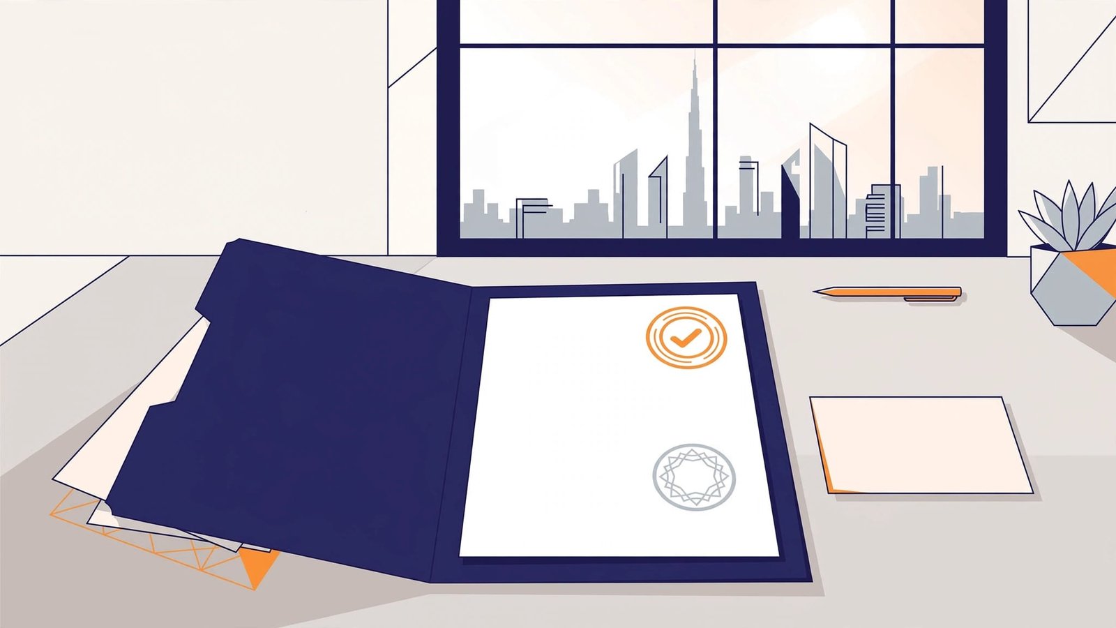 A UAE reference letter folder and verification seal sit on a desk beside a Dubai skyline.