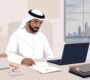 An Emirati employee arranges resignation papers and handover folders beside a laptop.