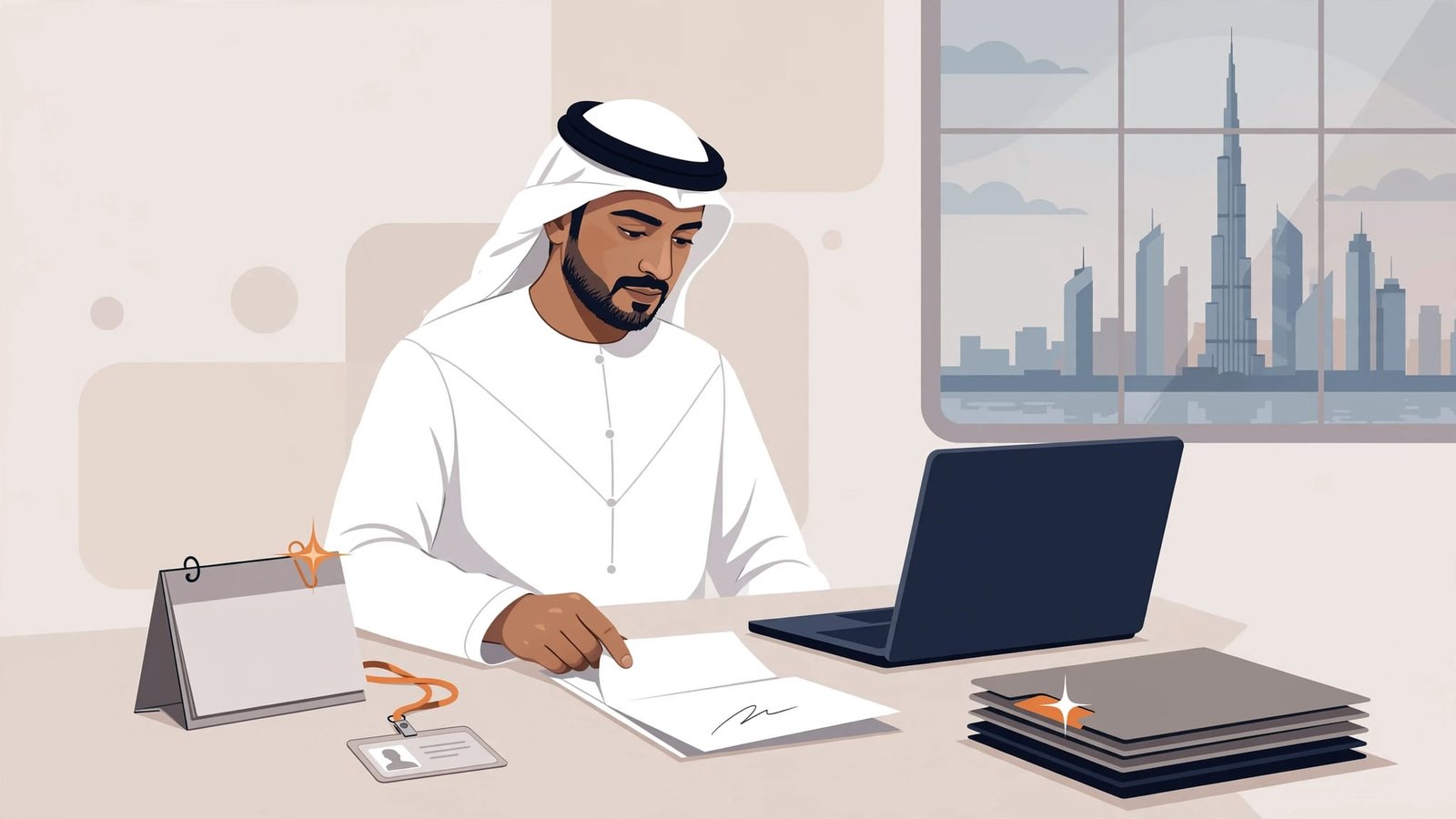 An Emirati employee arranges resignation papers and handover folders beside a laptop.