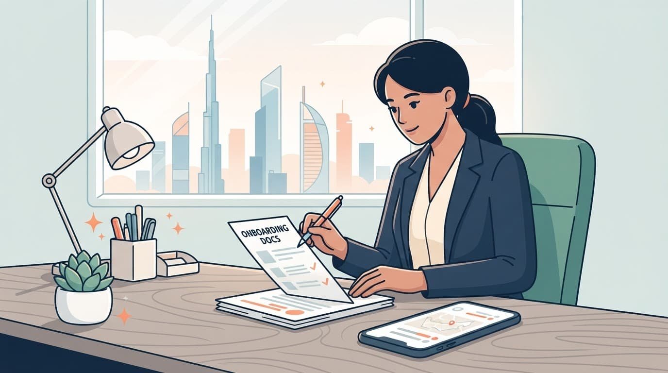 An HR professional reviews papers beside a smartphone at a bright office desk.