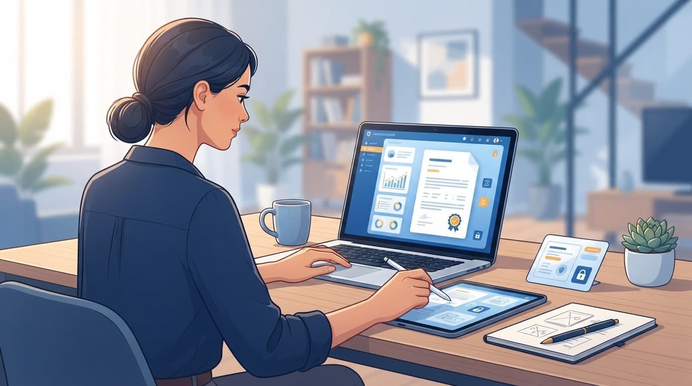 One person reviews digital job documents on a clean desk with blue and amber accents.