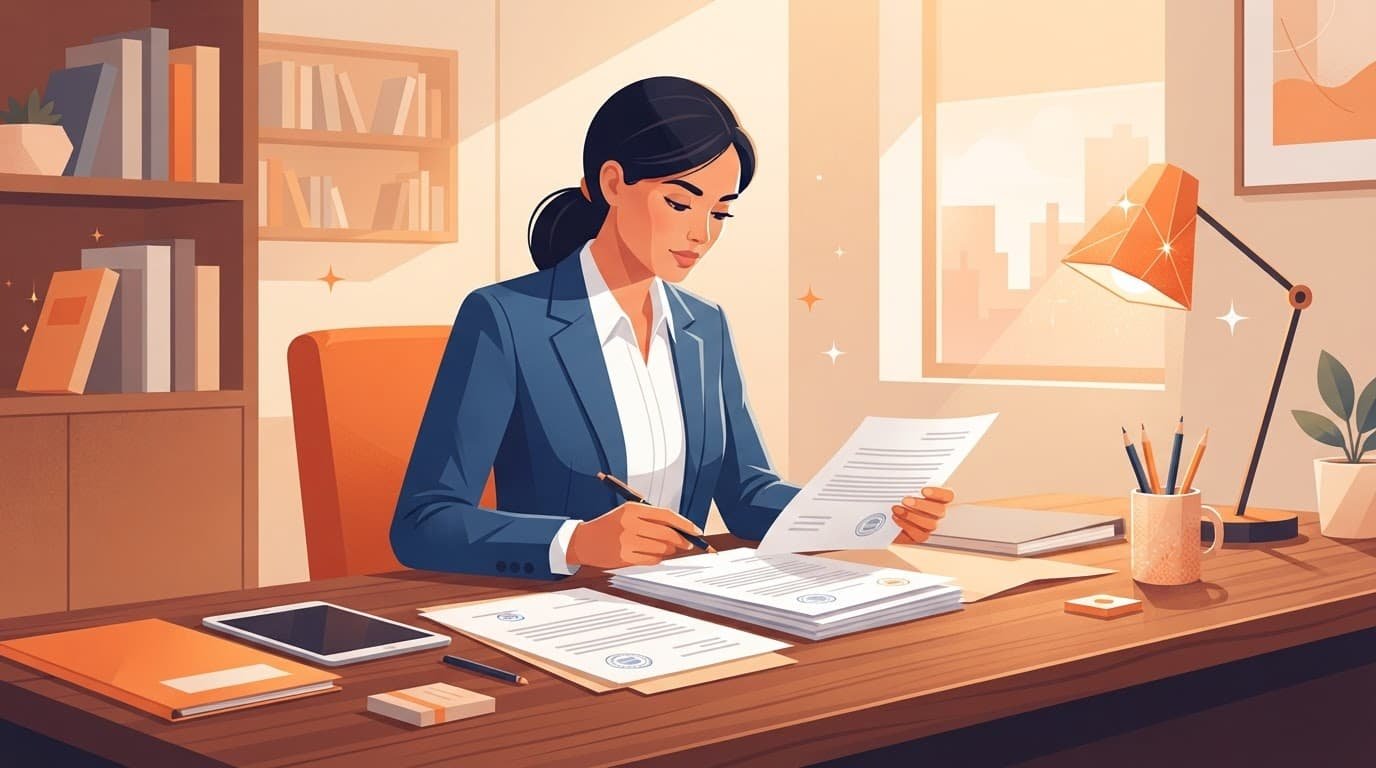 A person reviews documents at a wooden desk in warm light.