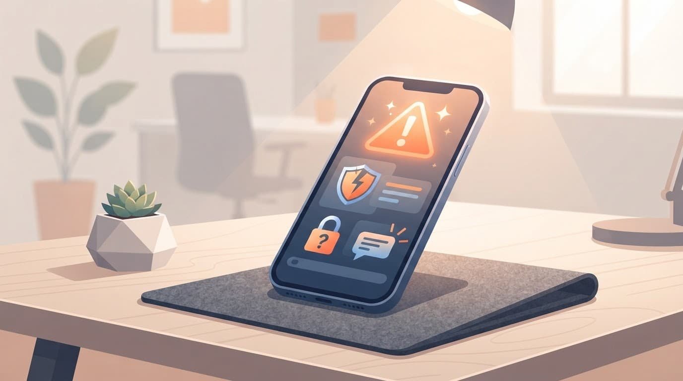 A smartphone on a minimalist desk with orange security alert accents.