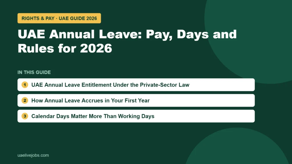 UAE Annual Leave: Pay, Days and Rules for 2026: UAE Annual Leave Entitlement Under the Private-Sector Law, How Annual Leave Accrues in Your First Year, Calendar Days Matter More Than Working Days
