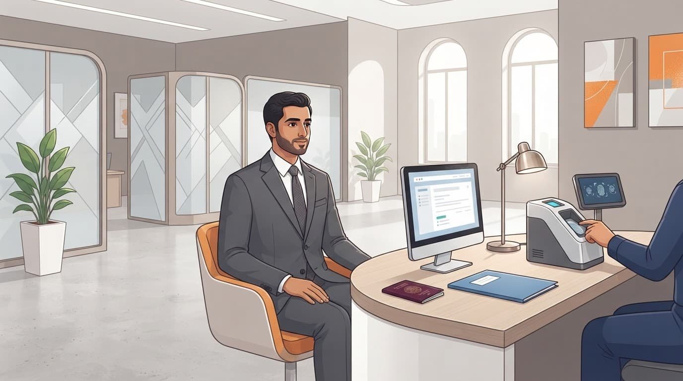 Employee at an identity counter with a biometric scanner, passport, and document folder.