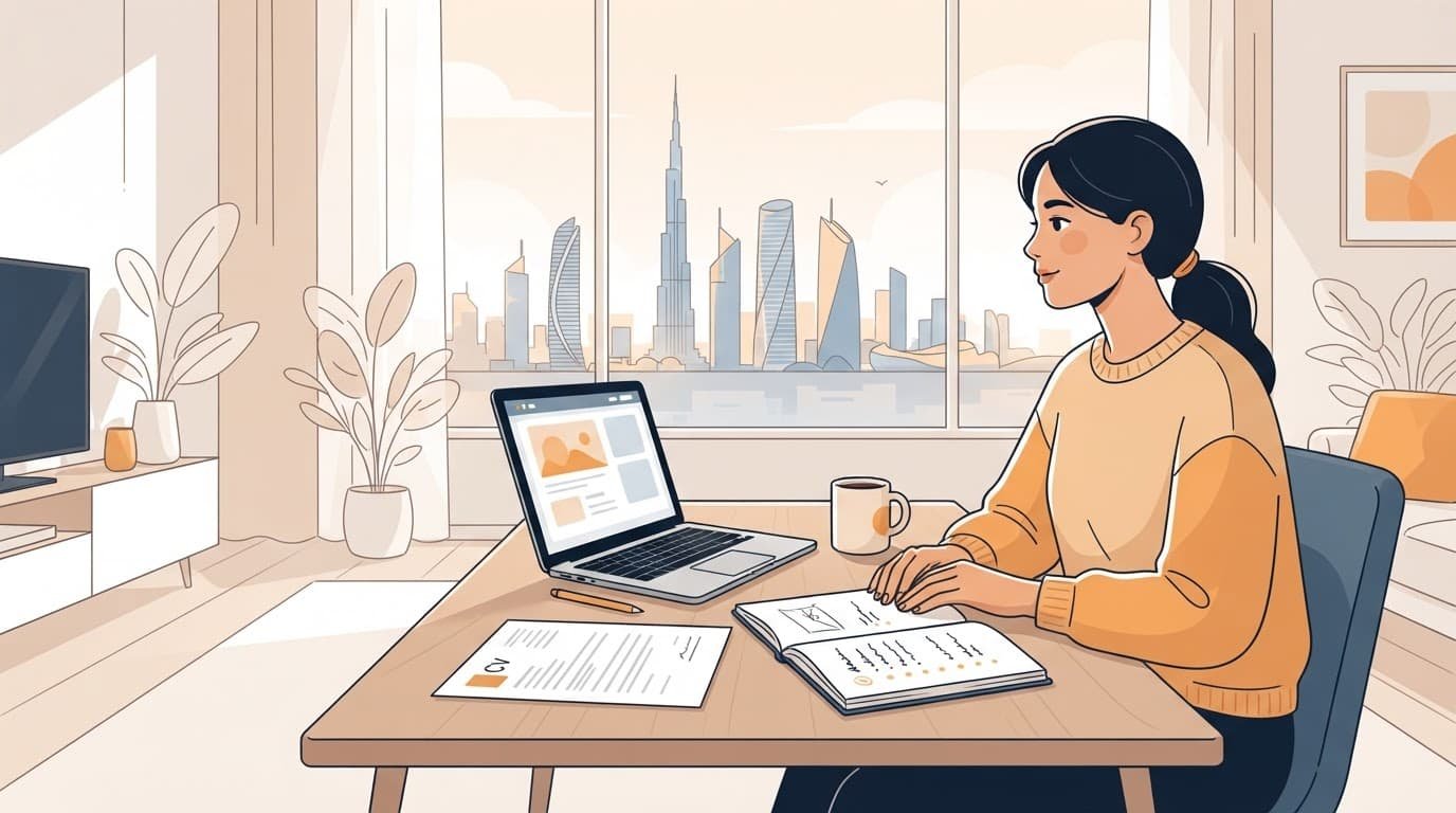 A graduate organizes job applications at a desk with a laptop, CV, notebook, and coffee.