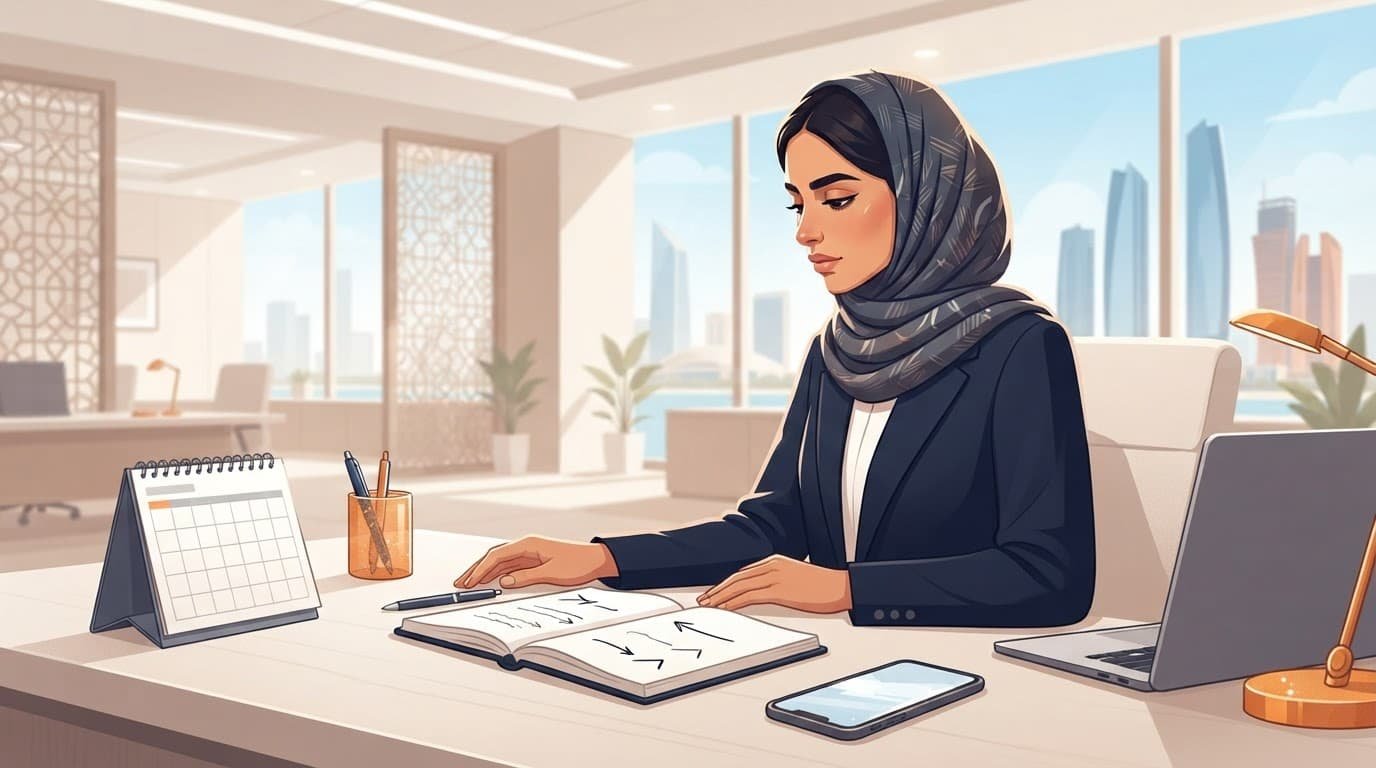 A UAE professional plans interview follow-up steps beside a calendar, notebook, laptop, and phone.
