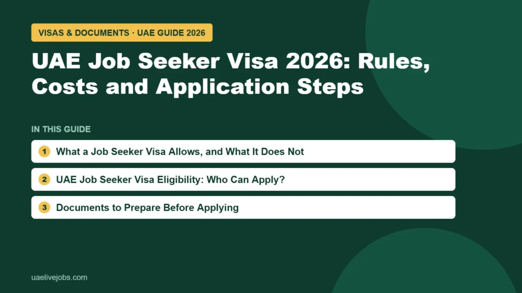 UAE Job Seeker Visa 2026: Rules, Costs and Application Steps: What a Job Seeker Visa Allows, and What It Does Not, UAE Job Seeker Visa Eligibility: Who Can Apply?, Documents to Prepare Before Applying