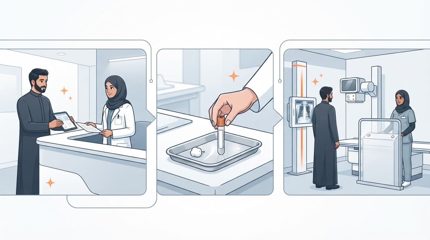 Three clinic panels show document checking, a blood tube, and chest imaging equipment.