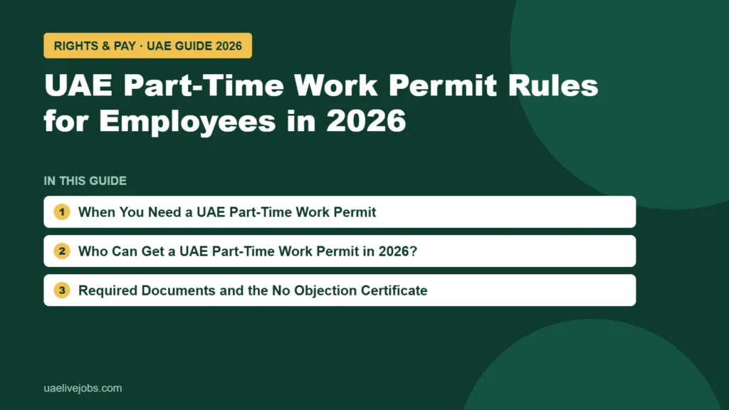 UAE Part-Time Work Permit Rules for Employees in 2026: When You Need a UAE Part-Time Work Permit, Who Can Get a UAE Part-Time Work Permit in 2026?, Required Documents and the No Objection Certificate