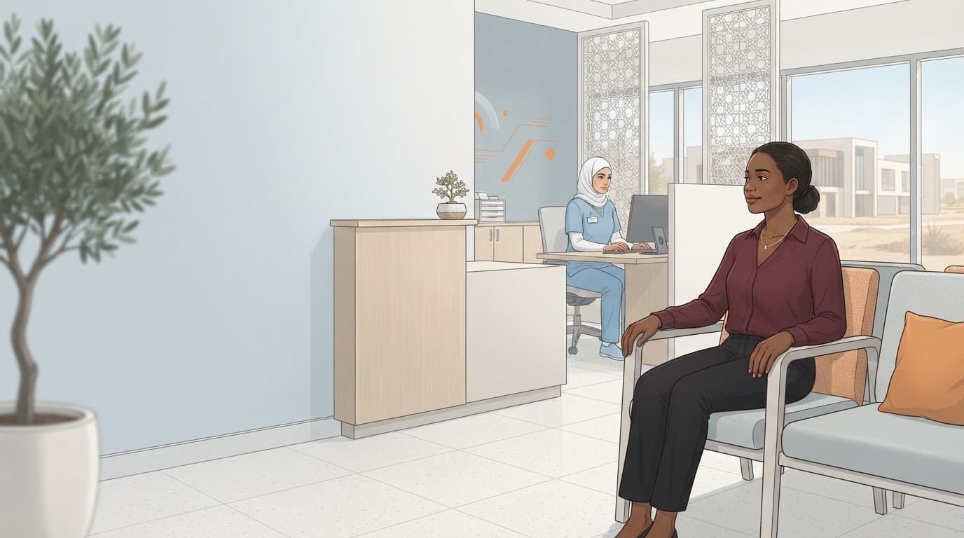 An employee sits at a UAE clinic reception while a healthcare worker stands behind.
