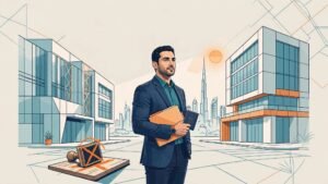 UAE professional with a folder and passport stands between two office buildings.