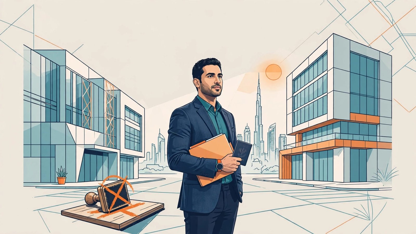 UAE professional with a folder and passport stands between two office buildings.
