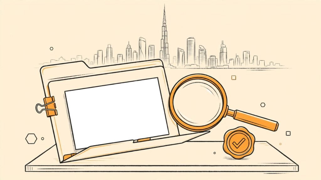 A blank license sheet, magnifying glass, and approval seal sit on a desk before a Dubai skyline.