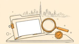A blank license sheet, magnifying glass, and approval seal sit on a desk before a Dubai skyline.