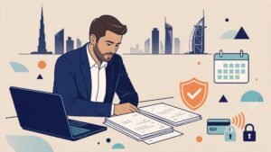 A UAE professional reviews insurance documents beside a laptop, shield, calendar, and payment symbols.